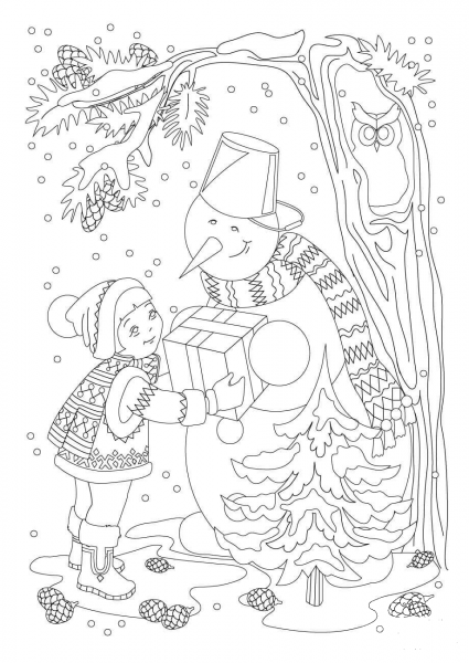 A Little Girl and a Snowman with a Present coloring page image