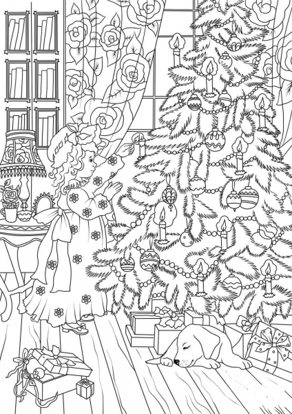 A Little Girl is Decorating a Christmas Tree coloring page image