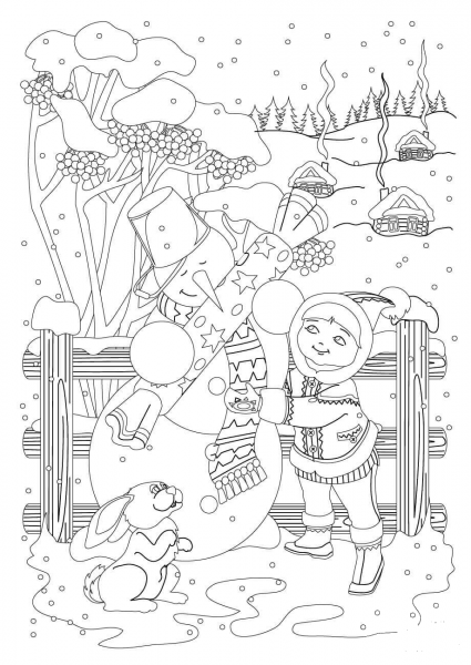 A Little Girl is Giving a Present to a Snowman coloring page image