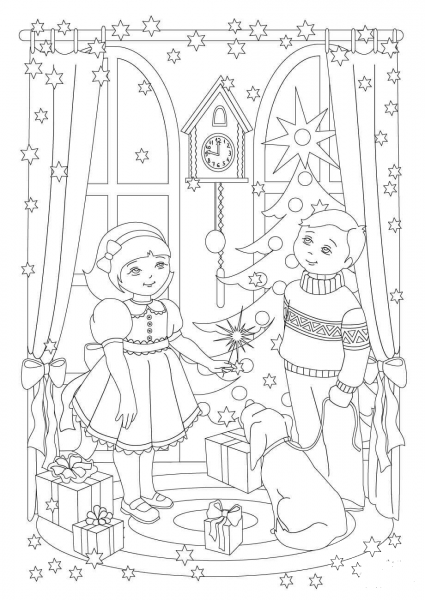 A Little Sister and Her Little Brother are About to Celebrate the Christmas coloring page image