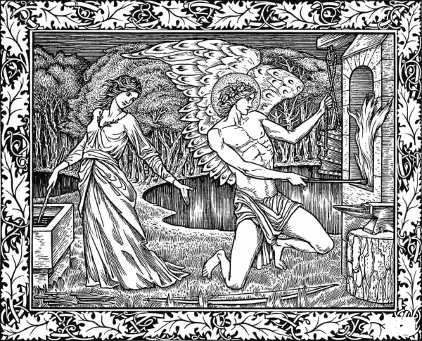 A Manly Cupid with Flamboyant Wings Holding An Arrow in the Fire coloring page image