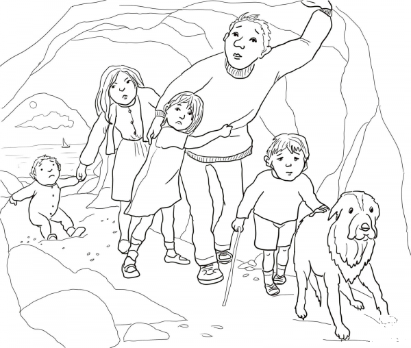 A narrow gloomy cave coloring page image