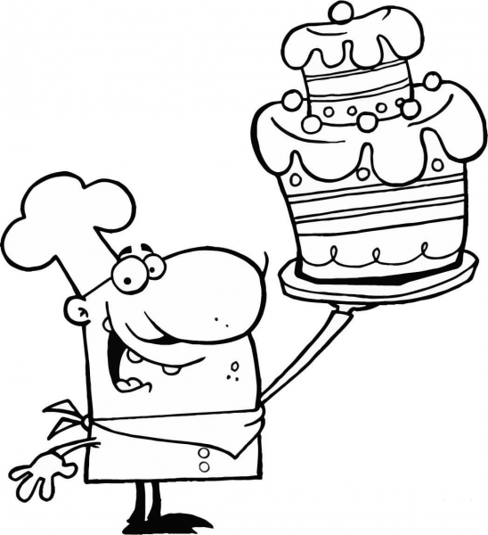 A Proud Chef Holds up Decorated Cake coloring page image