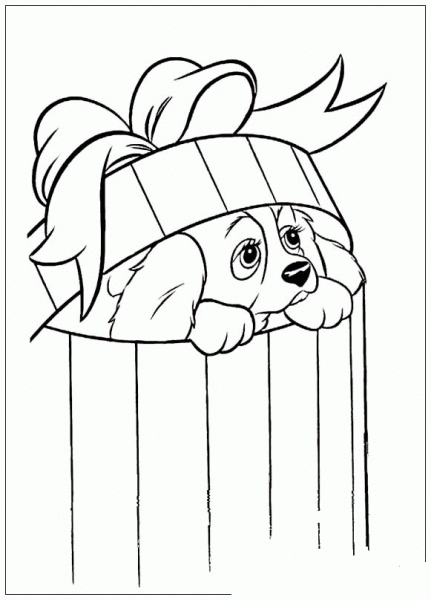 A puppy in a gift box  coloring page image