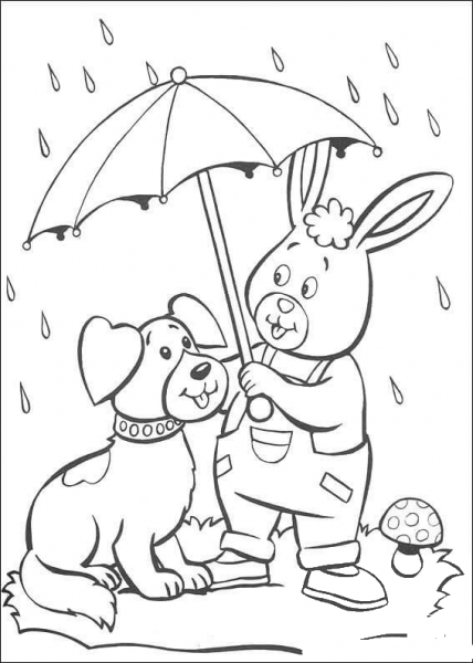 A rabbit and a dog are under the Umbrella. It’s raining.   coloring page image