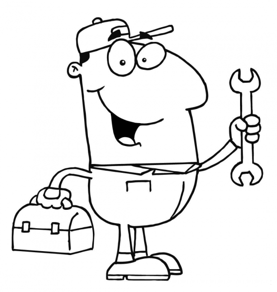 A Repair Man with a Toolbox and a Wrench coloring page image