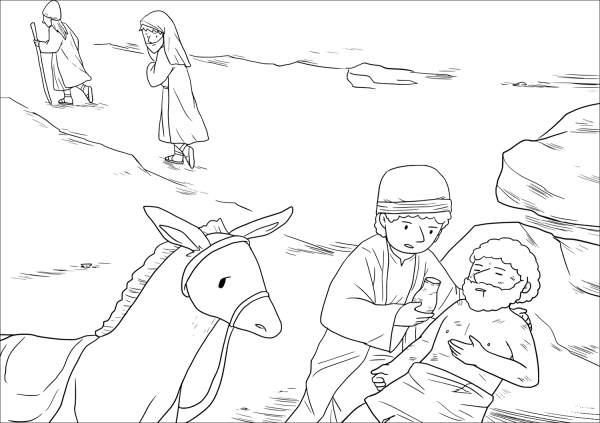 A Samaritan Saw the Man and Took Pity on Him and Bandaged His Wounds Pouring on Oil and Wine coloring page image