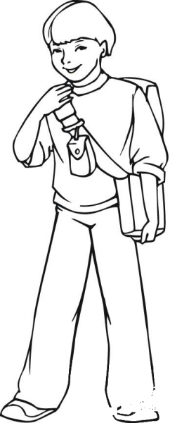 A Smiling Boy with His Backpack coloring page image