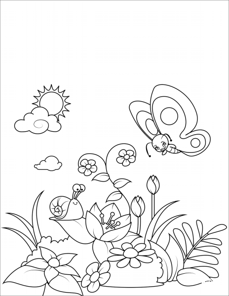 A Snail and a Butterfly on a Flowering Glade coloring page image