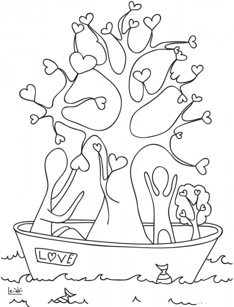 A Tree with Hearts coloring page image