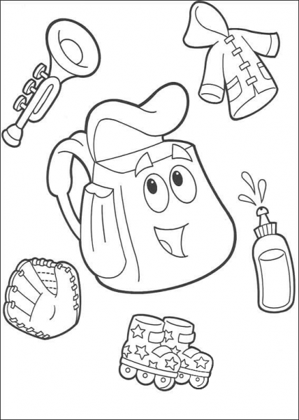 A trumpet, coat, roller blades  coloring page image