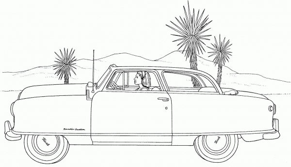 A woman is Driving in a Desert coloring page image