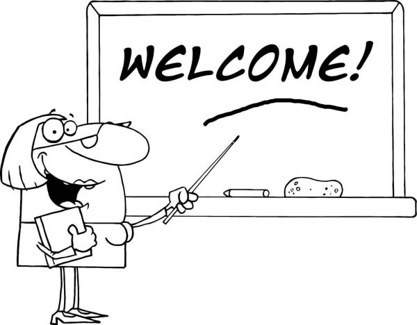 A Woman School Teacher with a Pointer Displayed on Chalk Board Text Welcome coloring page image