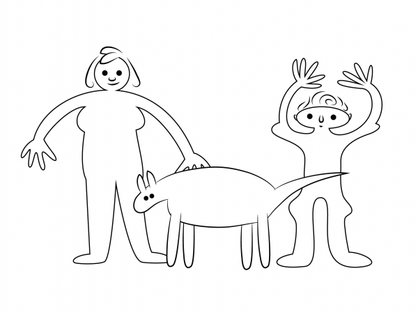 Aboriginal art of Woman And Kid with Dingo coloring page image