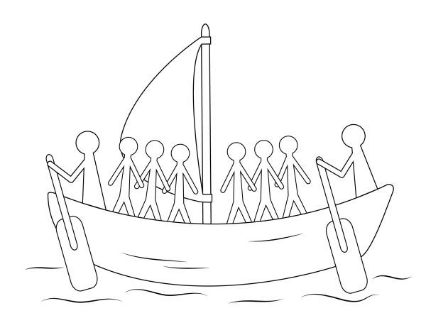 Aboriginal Painting of Boat with Human Figures coloring page image