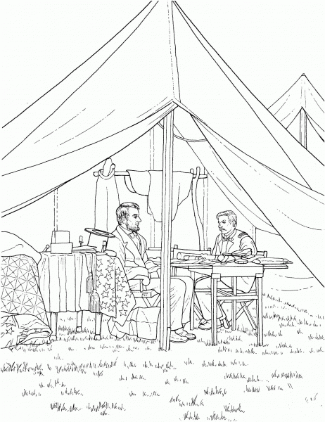 Abraham Lincoln with Officer in Tent During Civil War Battle coloring page image