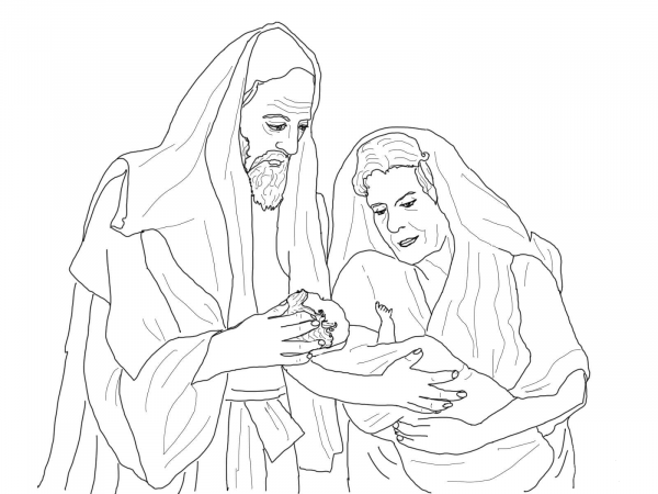 Abraham, Sarah and Their Newborn Son Isaac coloring page image