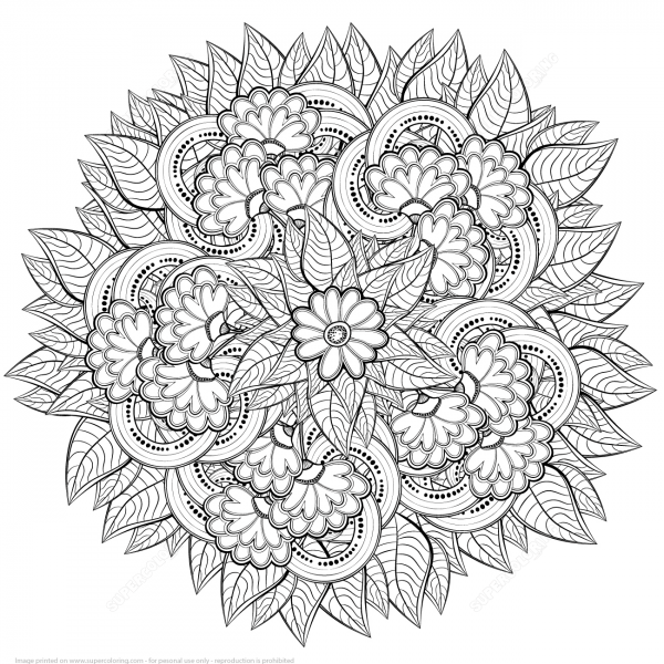 Abstract Flowers Zentangle coloring page image