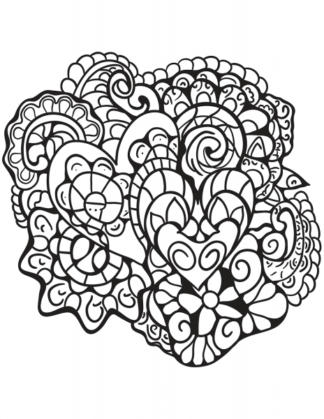 Abstract Heart Patterns coloring page image