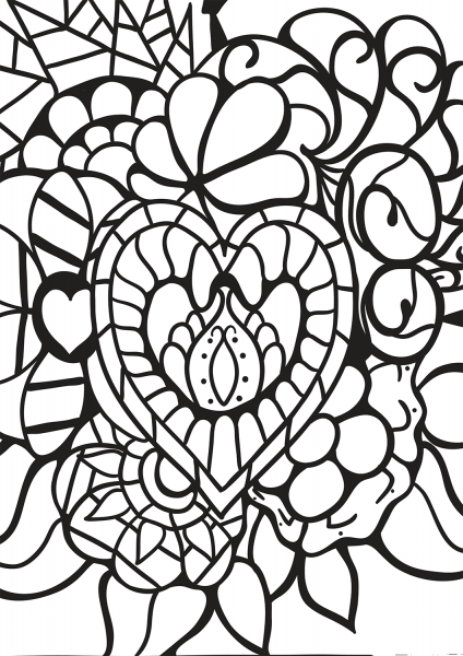 Abstract Heart Patterns coloring page image