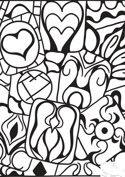 Abstract Heart Patterns coloring page image