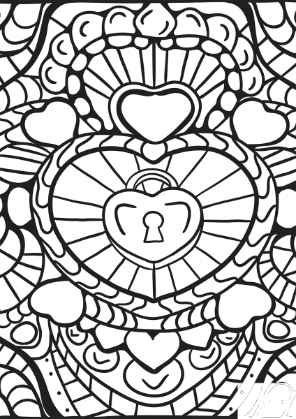 Abstract Heart Patterns coloring page image