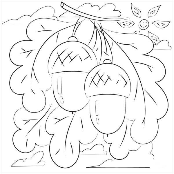 Acorns on branch coloring page image