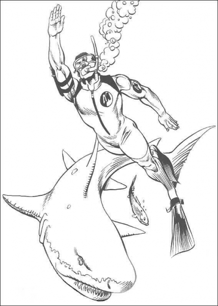 Action Man and a shark  coloring page image