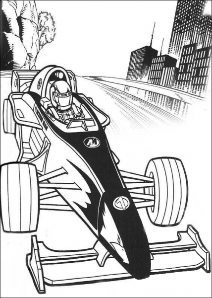Action Man in a racing car coloring page image