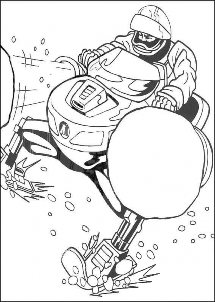 Action man is riding a snowmobile coloring page image