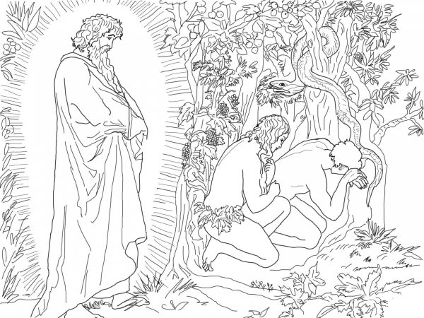 Adam and Eve Flee from the Presence of God coloring page image