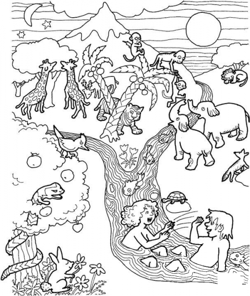 Adam and Eve in the Garden of Eden coloring page image