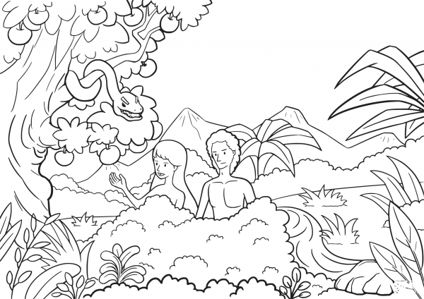 Adam and Eve Tempted by the Serpent coloring page image