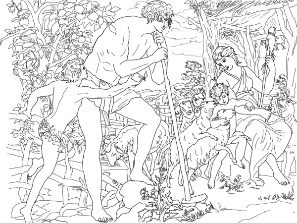 Adam and Eve with Cain and Abel coloring page image