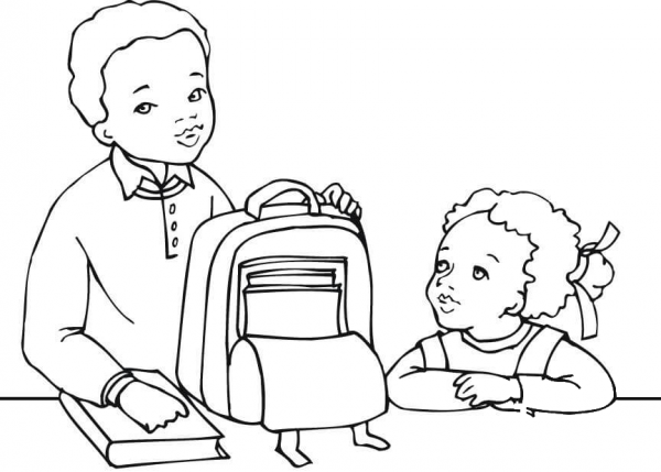 African American Boy and Girl Getting Ready for School coloring page image