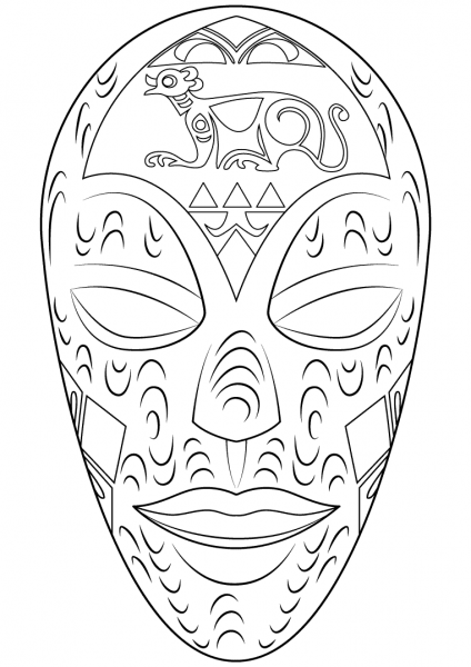 African Wooden Mask coloring page image