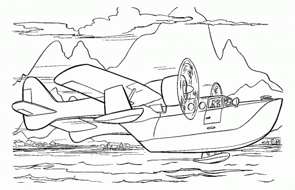Airplane and boat  coloring page image