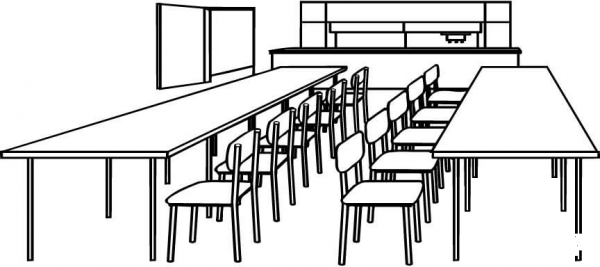 Classroom with Tables and Chairs coloring page image