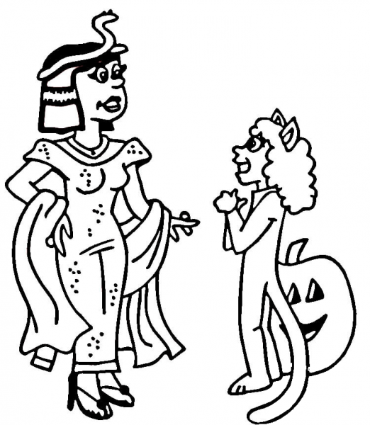 Cleopatra and Devil Costumes on Halloween coloring page image