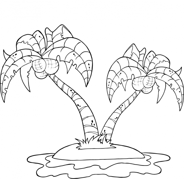 Coconut Palm Trees on Island coloring page image