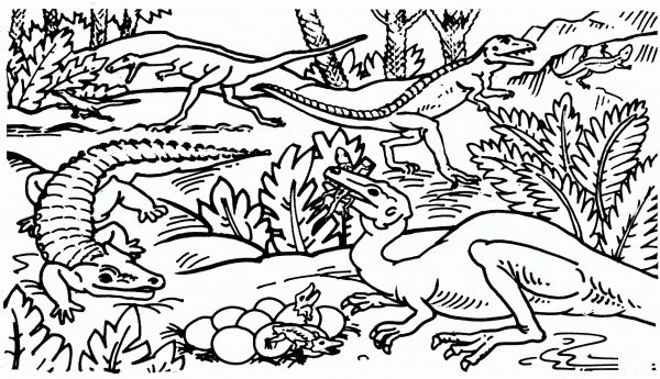 Coelophysis, Protosuchus and Saltoposuchus coloring page image