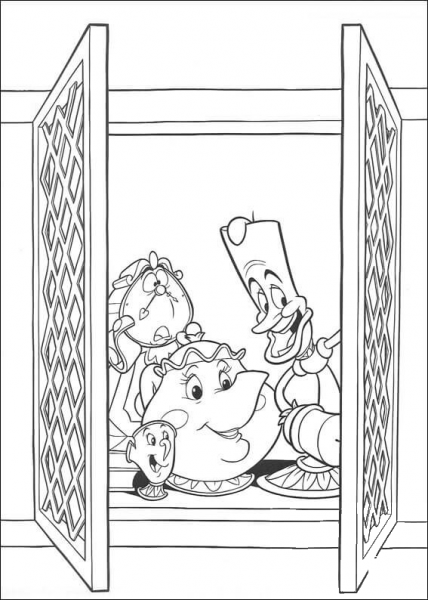 Cogsworth, LumiÃ¨re and Mrs. Potts at the window  coloring page image