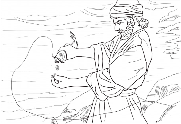 Coin in the Fish’s Mouth coloring page image