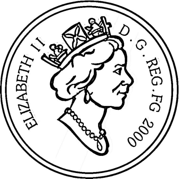 Coin with Elizabeth II on it coloring page image
