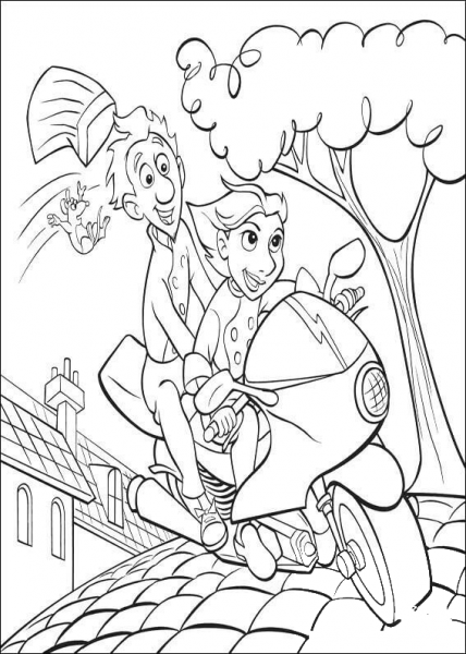 Colette and Alfredo driving on the motobike along the street of Paris coloring page image