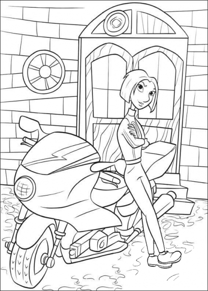 Colette Waits Alfredo, leaning on the motorcycle coloring page image