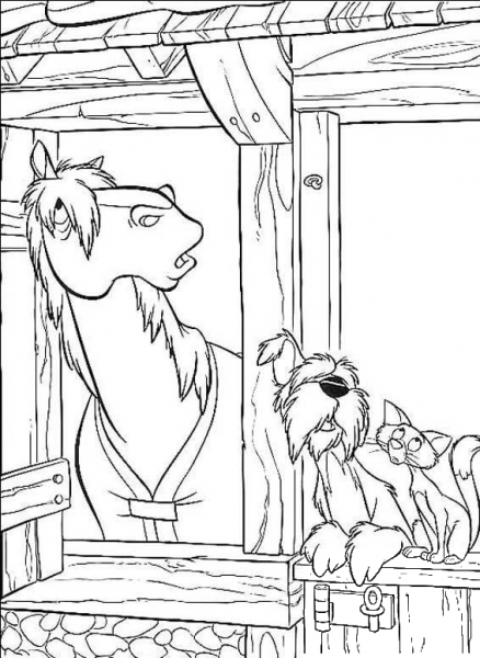 Colonel dog, Sergeant Tibbs cat and a horse  coloring page image