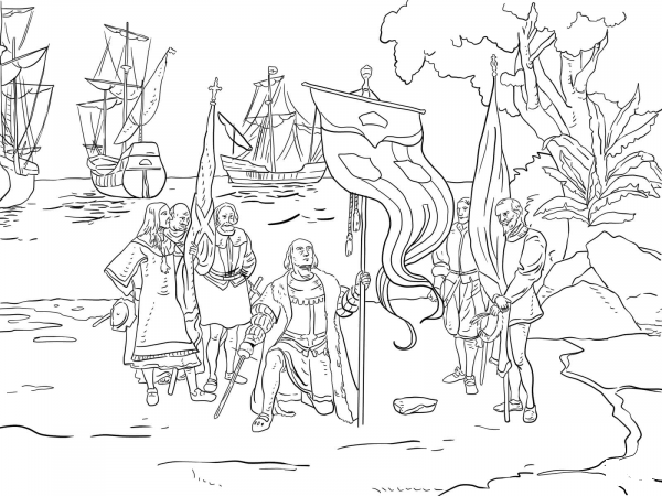 Columbus Taking Possession coloring page image