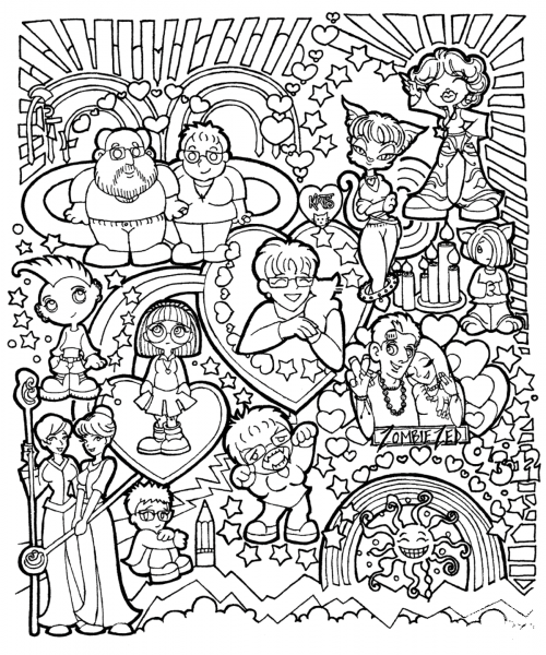 Comic Characters Doodle coloring page image