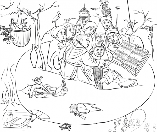 Concert in the Egg by Hieronymus Bosch coloring page image